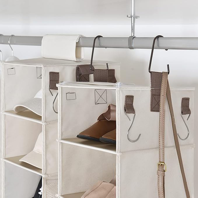 StorageWorks Hat Rack 8-Shelf Hanging Hat Organizer, Two Separate 4-Shelf Hat Storage, Baseball Cap Organizer for Closet, Canvas, Beige, 12 ¼"D x 9 ½"W x 54 ½"H