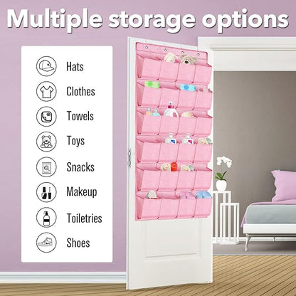 homyfort Pink Shoe Organizer Over the Door for Girls Women Kids Room,Hanging Shoe Rack Organizer for Closet Door,Zapateras Storage Holder with 24 Large Pockets & 4 Sturdy Hooks for Shoes,Slippers
