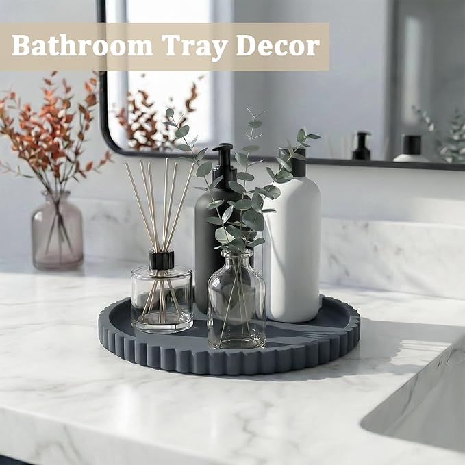 Silicone Bathroom Vanity Tray, Modern Round Decorative Tray for Countertop, Waterproof & Unbreakable Cosmetic Perfume Organizer, Extra-Thick & Sturdy, Easy to Clean Candle Tray (9 inch, Dark Grey)