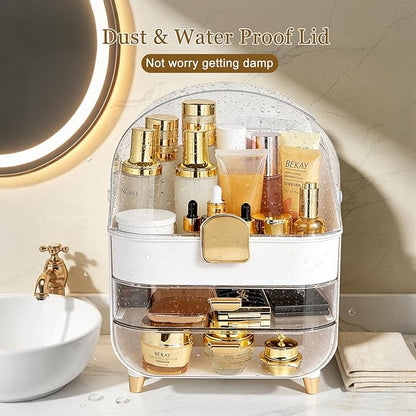 Makeup Organizer with Drawers-Cosmetic Display Case for Vanity-Skincare Organizer with 360 Rotating Brush Holder,Large Storage Box Dresser for Women Gifts, Bathroom Countertop,Gold