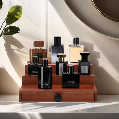 3 Tier Cologne Organizer for Men - Brown Wooden Cologne Perfume Display Stand with Drawer and Hidden Compartment, Mens Cologne Rack Holder Shelf for Room
