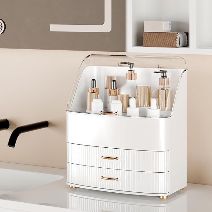 Makeup Organizer Countertop Vanity with Transparent Lid Drawers Waterproof Dustproof Cosmetic Skincare Bathroom Storage Gift for Women Teens Girls (Whtie)