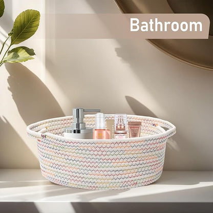 JMvicyroam Woven Basket,Small Rope Storage Bin with Handles & Ribbon Bag, Organizer for Shelves Closets,Gift Basket Empty for Birthday,Books,Dog Toys, Colorful/2 Pack