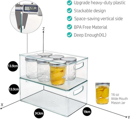 Hudgan 8 PACK Stackable Pantry Organizer Bins (3 Size) - Clear Fridge Organizer for Kitchen, Freezer, Refrigerator, Cabinet - Plastic Storage Container with Handle for Home