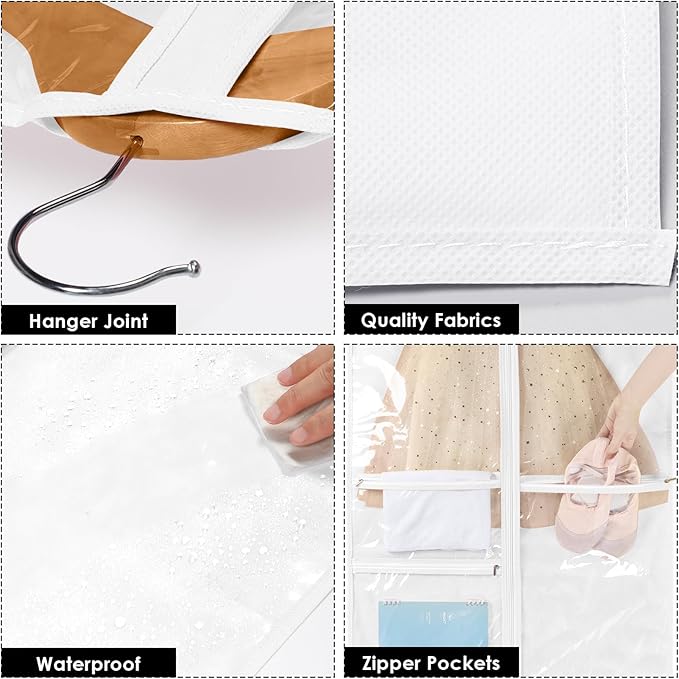 Univivi Dance Costume Garment Bag, 40 Inch Garment Bags for Dance Costumes Kids Dance Costume Bag with 3 Medium Clear Zipper Pockets for Dance Costumes, Hanging Clothes (White)