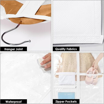 Univivi Dance Costume Garment Bag, 40 Inch Garment Bags for Dance Costumes Kids Dance Costume Bag with 3 Medium Clear Zipper Pockets for Dance Costumes, Hanging Clothes (White)