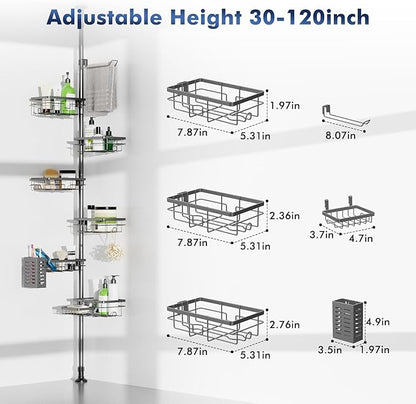 Vatex Corner Shower Caddy Tension Pole,30-120 Inch Adjustable Shower Organizer, 6-Tier Shower Shelves with Towel Rack/Toothbrush Holder/Soap Dish, Bathroom Corner Storage Rust-Resistant