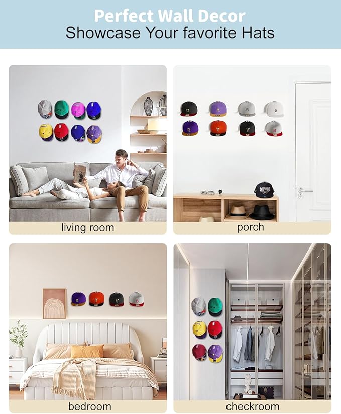 Adhesive Hat Hooks for Wall, Baseball Caps Strong Holdr, Ball Cap Hanger Wall Mount, Hat Display Rack, Hat Organizer Accessories, White 4-Pack