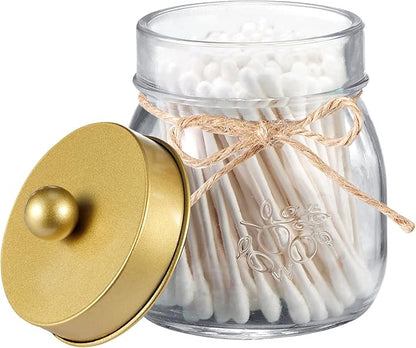 SheeChung Small Mason Jar, Glass Qtip Holder, Apothecary Jars with Lids, Bathroom Organizers and Storage, Bathroom Canister for Q-tips, Floss, Balls, Cotton Swabs, Farmhouse Decor-Brushed Gold