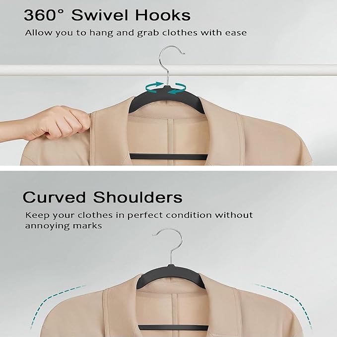 Campsie Velvet Hangers 50 Pack,Premium 360 Rotating Non-Slip Felt Hangers,Space Saving Non-Slip Clothes Hangers with Shoulder Notches,Durable Black Velvet Hangers for Coats,Suits,Dress