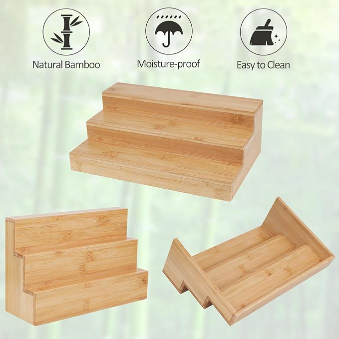 Bamboo Spice Rack for Cabinet, 3 Tier Spice Riser Shelf, 2 Pack Spices Stand for Pantry