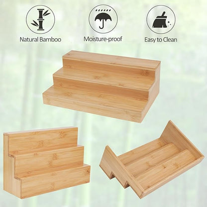 Bamboo Spice Rack for Cabinet, 3 Tier Spice Riser Shelf, 2 Pack Spices Stand for Pantry