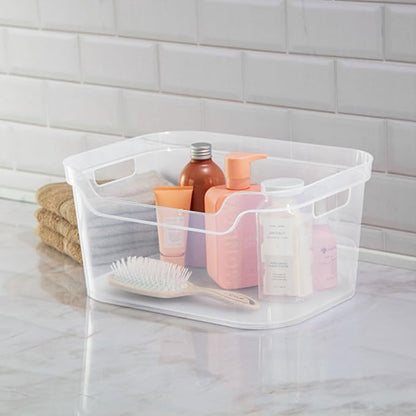 Sterilite 7 x 11 x 14.25 Inch Polished Open Scoop Front Storage Bin with Comfortable Carry Through Handles for Household Organization, Clear (18 Pack)
