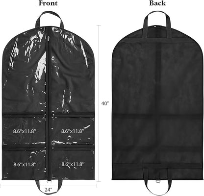 KEEGH Clear Garment Bags for Dance Costumes 40 inch Dance Garment Bags for Dancers Hanging Clothes for Closet Storage, with 4 Zipper Pockets for Dance Competitions, Ballet, Theatre, 2 Pack, Black