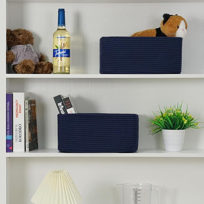 3-Pack Storage Baskets for Organizing | Woven Shelf Toy Basket | Rope Baskets for Gifts Empty | Closet Organizer Bins with Handles | Cube Decorative Box | 13.7×7.1×6.7” | Navy Blue