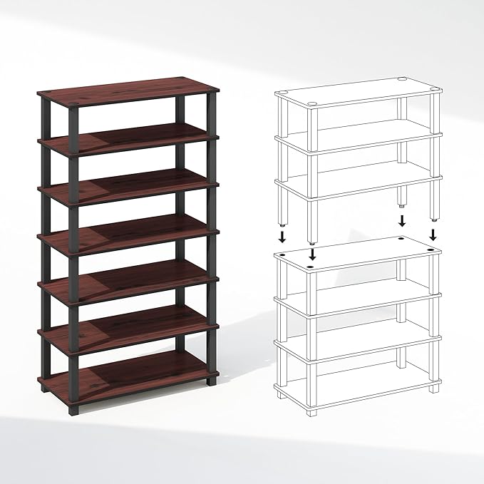 Furinno Turn-S-Tube Set of 2 Shoe Rack, 4-Tier Shoe Organizer, Shoe Storage with Multipurpose, 11.6 x 23.6 x 22.3, for Closet Entryway, Office, Garage, Dark Cherry/Black, Set of 2