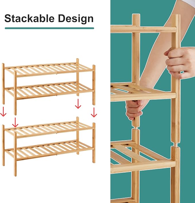 viewcare 4-Tier Bamboo Shoe Rack for Entryway, Stackable | Foldable | Natural, Shoe Organizer for Hallway Closet, Free Standing Shoe Racks for Indoor Outdoor