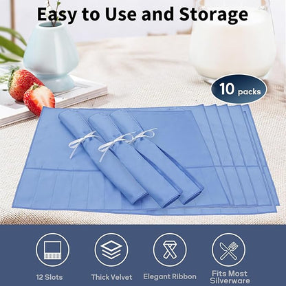 10 Pcs Silverware Organizer,Silver Storage Cloth Felt Flatware Organizer, Silver Protector Bags, Place Setting Roll with Stylish White Ribbon for All Kitchen Cutlery Utensil
