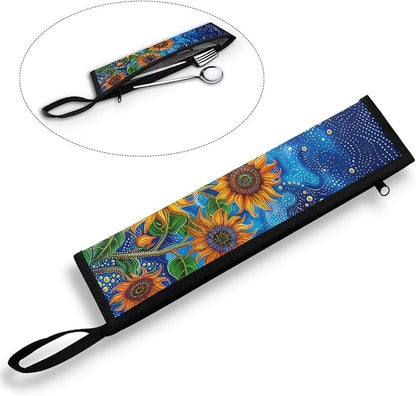 COEQINE Sunflower Utensil Case For Travel Blue Starry Sky Print Cutlery Flatware Organziers for Straw Spoon Fork Chopsticks Travel Frok Spoon Knife With Case And Handle