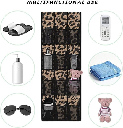 Brown Behind Door Organizer 12 Pockets Over The Door Organizer for Closet Leopard Multi-Pocket Organizer Easy to Install Shoe Holder Hanger for Dorm