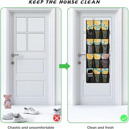 Over the Door Shoe Organizer 12 Large Mesh Pockets Hanging Shoe Rack for Closet Foldable Shoe Organizer Door Hanger Orange Daisy