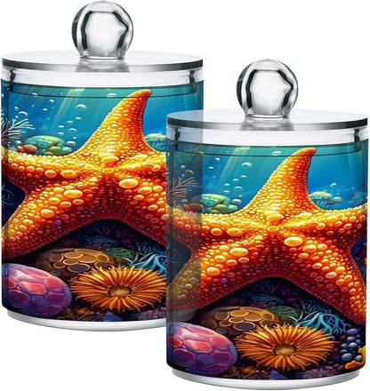 ALAZA 2pcs Orange Starfish Seashell Ocean Qtip Holder Dispenser 14 oz Bathroom Storage Clear Apothecary Jars Containers Cotton Ball,Cotton Rounds,Floss Picks, Hair Clips, Food