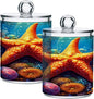 ALAZA 2pcs Orange Starfish Seashell Ocean Qtip Holder Dispenser 14 oz Bathroom Storage Clear Apothecary Jars Containers Cotton Ball,Cotton Rounds,Floss Picks, Hair Clips, Food