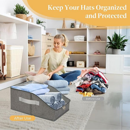 2 PCS Stackable Hat Organizer for Baseball Caps, Hat Storage Holder Holds up to 24 Caps for Closet/Shelf, Hat Box Holder with Clear Window Lid And Sturdy Cardboard, for Closet Bedroom Shelf (Grey)