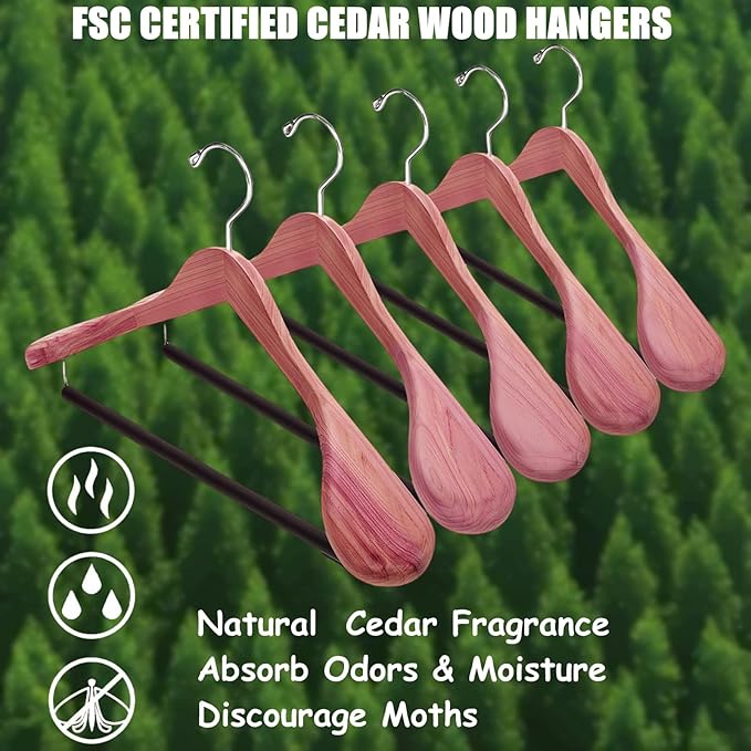 Amber Home 5 Pack Cedar Suit Hangers with Extra Wide Shoulder, Wooden Clothes Hangers for Coats & Jacket, Aromatic Natural Cedar Hangers with Non-Slip Velvet Pant Bar
