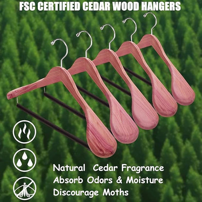 Amber Home 10 Pack Cedar Suit Hangers with Extra Wide Shoulder, Wooden Clothes Hangers for Coats & Jacket, Aromatic Natural Cedar Hangers with Non-Slip Velvet Pant Bar