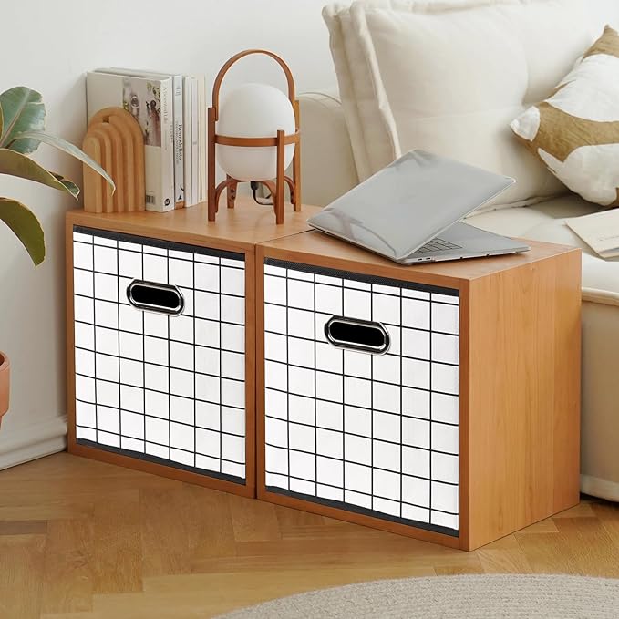 Fabric Cloth Storage Bins,Fabric Cube Organizer with Dual Handles Foldable Cube Storage Baskets for Home Bedroom Storage,Set of 6,(White grid)