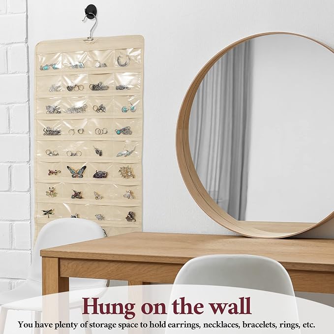 Kenning 4 Pcs Hanging Jewelry Organizer with 80 Pockets Earring Storage Organizer Dual Sided Earring Holder Necklace Hanger Closet for Bracelet, Necklace, Ring, Knitting Tool, Accessories, Beige