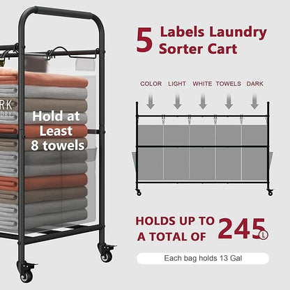 Tajsoon Laundry Sorter, Laundry Hamper 5 Section with Heavy Duty Rolling Lockable Wheels, Laundry Basket Organizer with Removable Bags for Dirty Clothes Storage, Grey