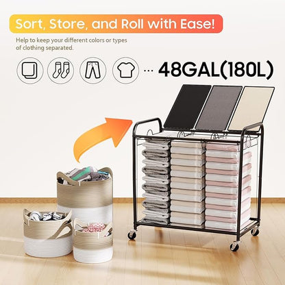 180L (47.55 Gal) Laundry Sorter 3 Section, Rolling Laundry Basket with Lockable Wheels and Lid, Laundry Hamper with 3 Separated Removable Bags Dirty Clothes Hamper for Laundry Room, Multicolored