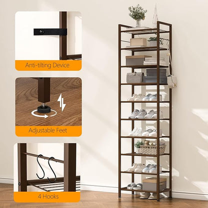 usikey 10 Tiers Narrow Shoe Rack 20-30 Pairs, Sturdy Metal Tall Shoe Rack Shelf with 4 Hooks, Slim Shoe Storage with Metal Shelf, Space Saving Vertical Shoe Organizer for Entryway Bronze UNYXJX018A