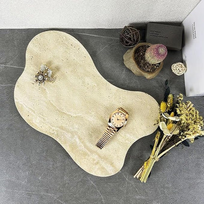 Cloud Shaped Travertine Vanity Tray, 13.3 x 8.3 Inch Natural Stone Decorative Catchall Tray for Bathroom Countertop, Beige Marble Jewelry Dish Perfume Tray for Coffee Table Dresser Nightstand