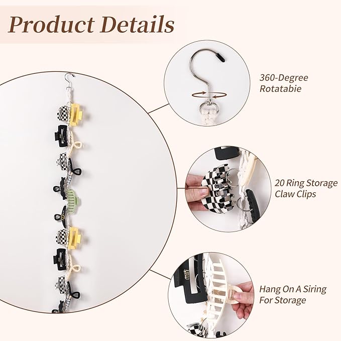 Macrame Hair Claw Clip Organizer with Rotating Hook & 20 Metal Rings, Bohemian Style Hanging Hair Clip Holder for Women Girls, Wall Door Closet Storage & Decorative Claw Clips Hanger (Three belts)