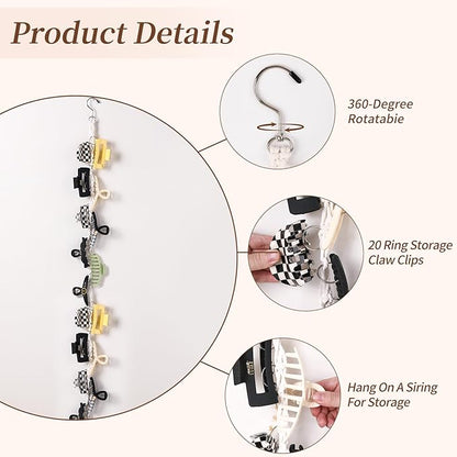 Macrame Hair Claw Clip Organizer with Rotating Hook & 20 Metal Rings, Bohemian Style Hanging Hair Clip Holder for Women Girls, Wall Door Closet Storage & Decorative Claw Clips Hanger (Three belts)