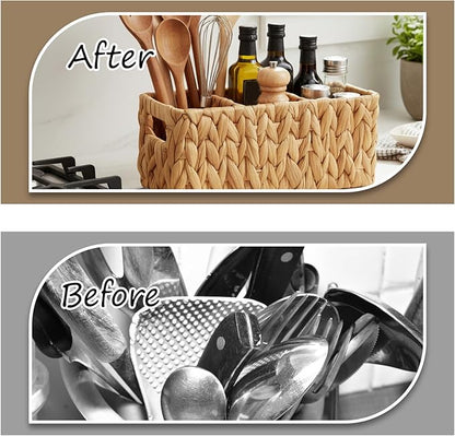 Wicker Party Silverware Caddy Water Hyacinth Plastic Kitchen Cutlery Utensil Holder Hand Woven Spoon Forks Knives Organizer Basket with Handles for Table Countertop Picnic flatware Storage
