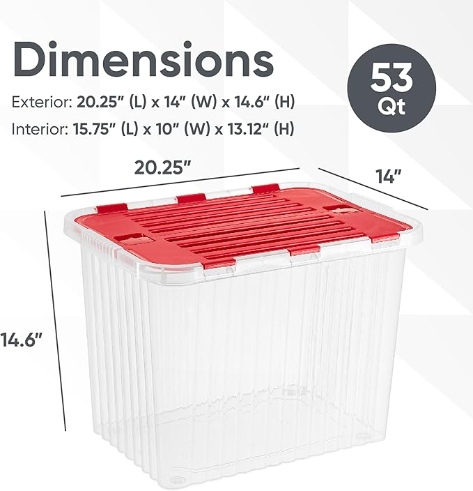 Superio Red Storage Box with Red Hinged Lids, Plastic Container Bins for Organizing with Attached Lid, Stackable Crates, BPA Free, Organizers for Home and Office, 53Quart (20.25"x14"x14.6")