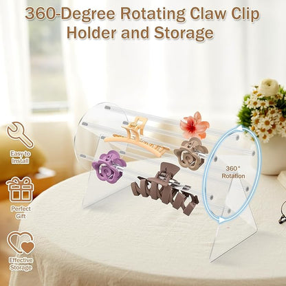 Acrylic Claw Clip Organizer, 360 Degree Rotating Holder, Transparent Storage Rack, Reusable Hair Clip Display Stand for Vanity, Dressing and Beside Table, Clear Stand for Women and Girls