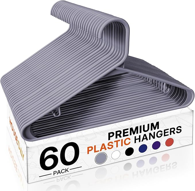 HOUSE DAY Grey Plastic Hangers 60 Pack, Non-Slip Plastic Hanger with Dual Hooks - Slim Space Saving 1/4" Thin Closet Organizers for Coats, Shirts, Pants & Dresses - Lightweight Garment Friendly