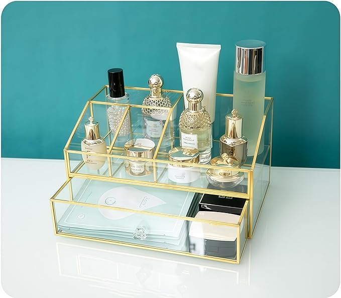 JIARI Glass Makeup Organizer with Drawer, Gold Frame Jewelry Display Box, Nordic Style Cosmetic Storage for Vanity Bathroom Bedroom Office, 9.44x5.43x4.92 Inches (Storage Box-2 Tier)
