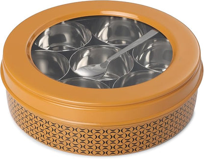 dudki 7 in 1 Stainless Steel Spice box for kitchen sturdy Masala dabba jar for Spices Seamless Design (Caramel Orange)