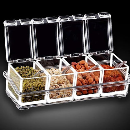 KPS Spice Storage Container Box, Crystal Seasoning box with 4 compartment and spoons, Acrylic seasoning Masala Box (pack of 1)