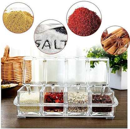 KPS Spice Storage Container Box, Crystal Seasoning box with 4 compartment and spoons, Acrylic seasoning Masala Box (pack of 1)