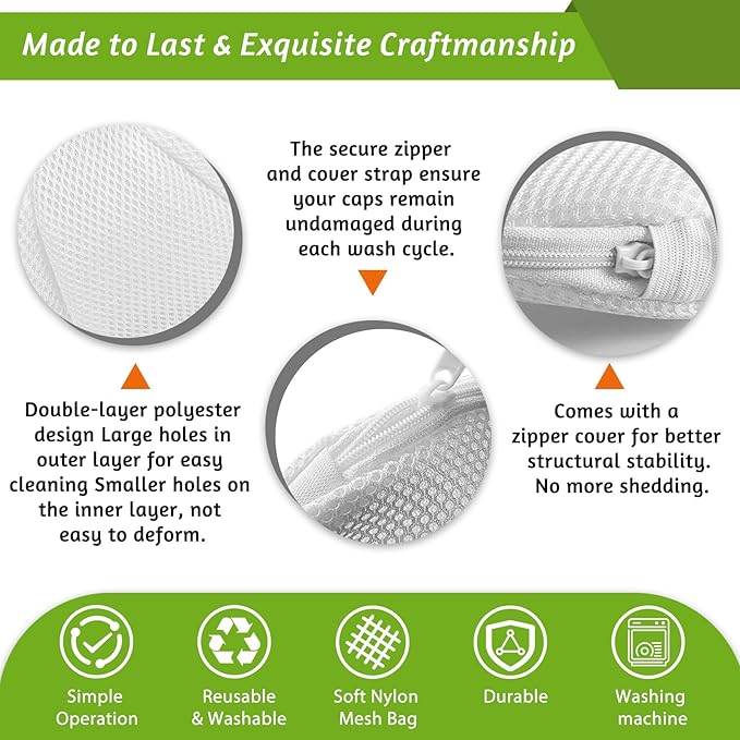 Eiito 2 Pack Hat Washer Cage for Washing Machine, Baseball Cap Cleaner Frame with Mesh Bag, Keeps Shape for Flat & Curved Brim, Fits Adult & Kids, White