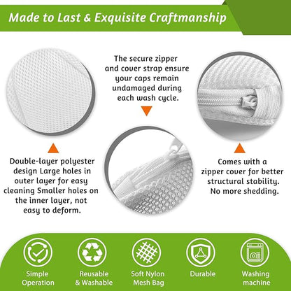 Eiito 2 Pack Hat Washer Cage for Washing Machine, Baseball Cap Cleaner Frame with Mesh Bag, Keeps Shape for Flat & Curved Brim, Fits Adult & Kids, White