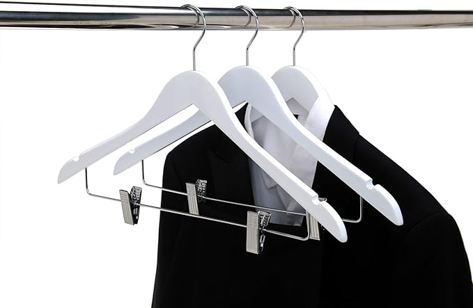 Quality Wooden Skirt Hangers with Clips, 20-Pack Semi Curved, Smooth Solid Wood Pants Hangers with Durable Adjustable Metal Clips, Swivel Hook, Coat, Jacket, Blouse Suit Hangers (White, 20)