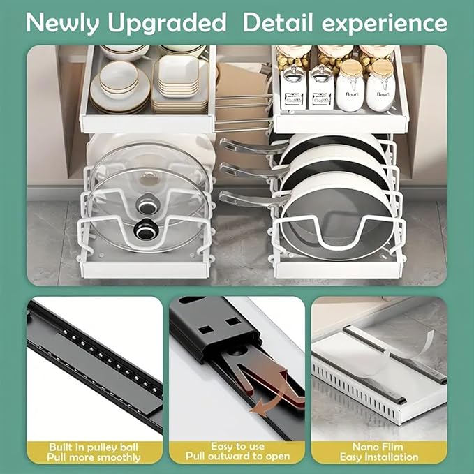 AmoiChic 2 Pack Pull Out Cabinet Organizer for Pots and Pans, Black Storage Rack with 8 Adjustable Dividers, Kitchen Cabinet Organizer for Pot Lids, Bakeware, Dishes Storage
